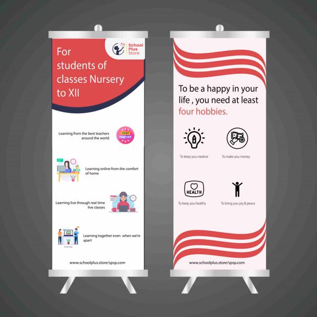 A set of two portable roll-up standees